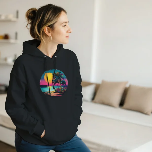 Vaporwave Sunset Palm Beach Hoodie , Retro 80s Aesthetic Unisex Pullover