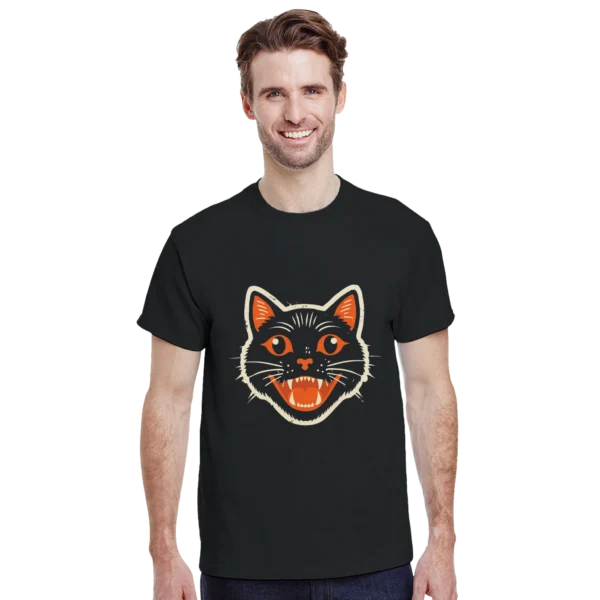 Retro Spooky Black Cat Tee , Vintage Halloween Style Heavyweight Unisex Crewneck T-shirt in Your Choice of Haunting Hues