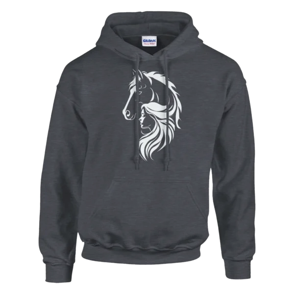 Mystical Horse and Woman Silhouette Unisex Pullover Hoodie , Glimmering Design in Dark Heather and Black
