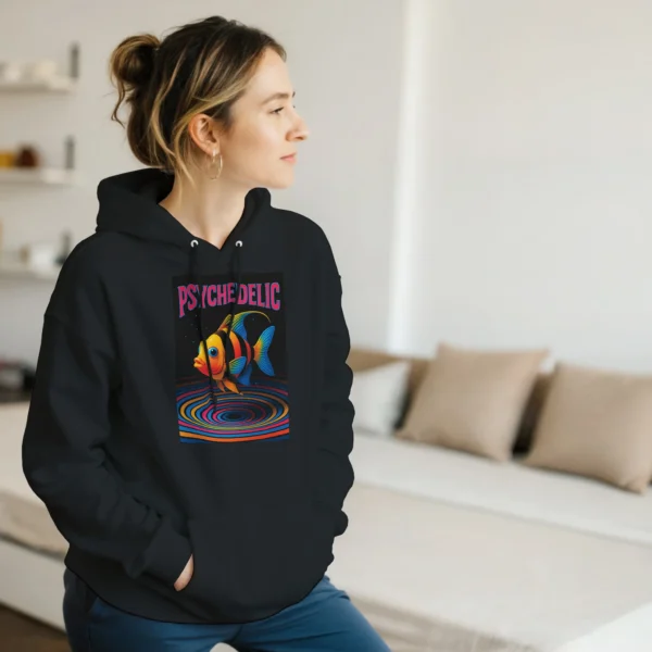 Psychedelic Fish Vibes Unisex Pullover Hoodie , Vibrant Retro Art , Gildan 18500
