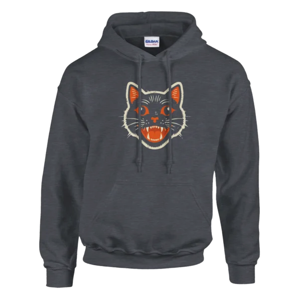 Vintage Halloween Black Cat Hoodie , Spooky Retro Vibe Pullover , Gildan 18500 in Dark Heather or Black