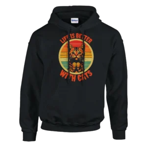 Retro Cat Lover's Unisex Pullover Hoodie , "Life is Better With Cats" Vintage Sunset Design , Gildan 18500