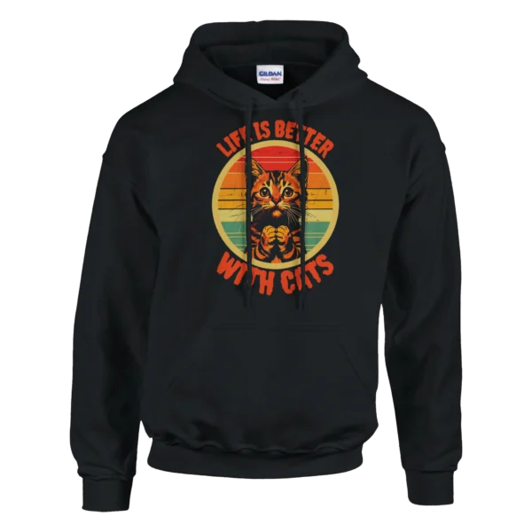 Retro Cat Lover's Unisex Pullover Hoodie , "Life is Better With Cats" Vintage Sunset Design , Gildan 18500