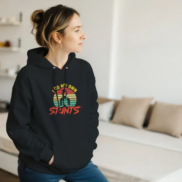 I Do My Own Stunts Funny Hoodie , Retro Sunset Vibes , Classic Unisex Pullover Gildan 18500