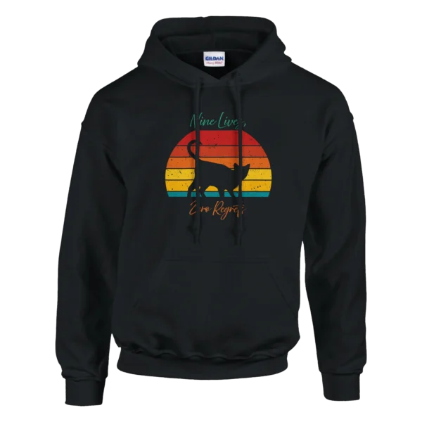 Nine Lives, Zero Regrets Cat Hoodie , Retro Sunset Feline Pullover , Classic Unisex Gildan 18500