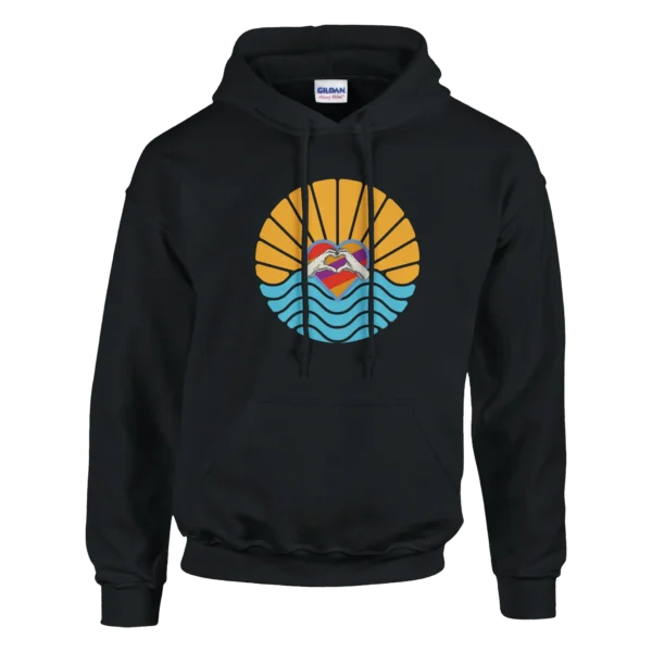 Retro Love Sunset Hoodie , Classic Unisex Pullover with Heart Hands Design , Gildan 18500