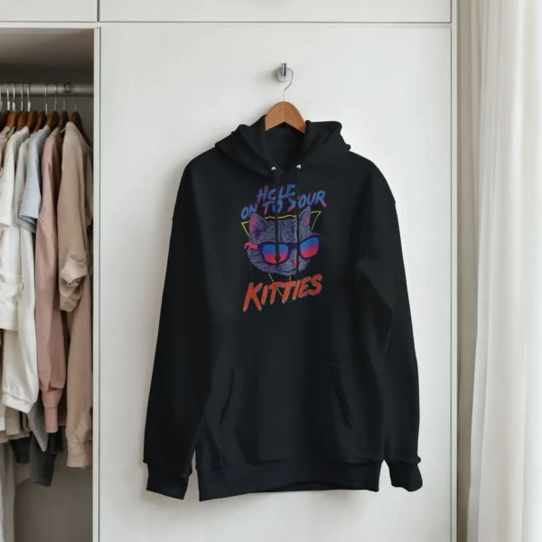 Retro 80s Cat in Sunglasses Hoodie , 'Hold On To Your Kitties' Neon Vibe Pullover , Classic Unisex Gildan 18500