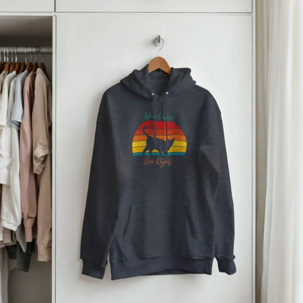 Nine Lives, Zero Regrets Cat Hoodie , Retro Sunset Feline Pullover , Classic Unisex Gildan 18500