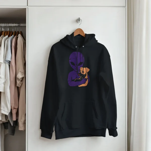 Cosmic Companion Hoodie: Alien and Best Friend Dog Print , Classic Unisex Pullover