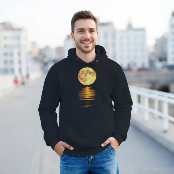 Golden Moon Reflection Hoodie , Celestial Night Sky Unisex Pullover