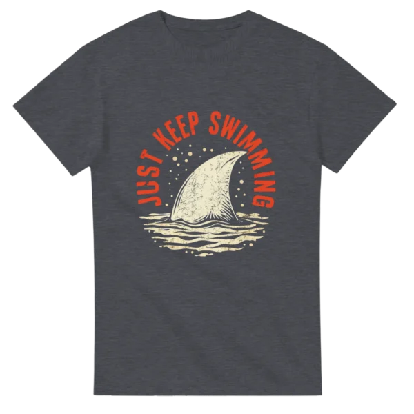 Keep Swimming Shark Fin Tee , Heavyweight Unisex Crewneck T-shirt in Dark Heather or Black