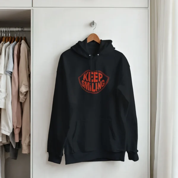 Retro Lips "Keep Smiling" Hoodie , Positive Vibe Pullover in Dark Heather and Black
