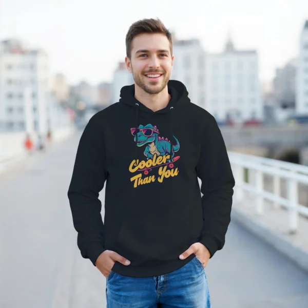 Retro Skater Dinosaur "Cooler Than You" Hoodie , Bold and Stylish Unisex Pullover for Dino Lovers