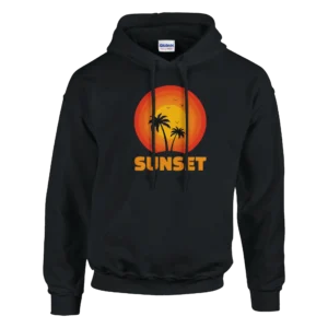 Retro Sunset Palm Tree Graphic Hoodie , Classic Unisex Pullover for a Tropical Vibe