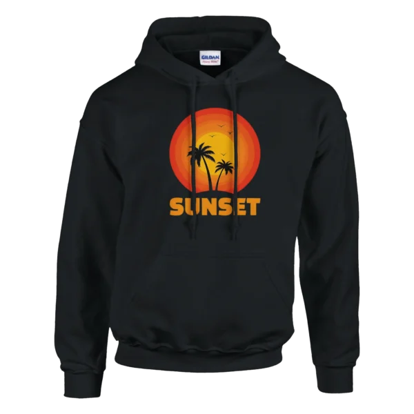 Retro Sunset Palm Tree Graphic Hoodie , Classic Unisex Pullover for a Tropical Vibe