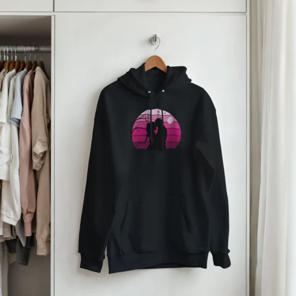 Romantic Sunset Couple Hoodie , Pink and Purple Love Silhouette , Classic Unisex Pullover Gildan 18500