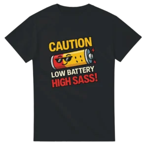 Low Battery High Sass! Funny Battery Graphic T-shirt , Heavyweight Unisex Crewneck Tee in Your Choice of Bold Hues