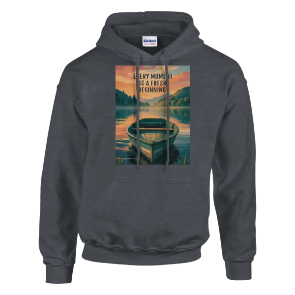 Fresh Beginning Sunset Hoodie , Classic Unisex Pullover Hoodie with Inspirational Boat and Lake Scene