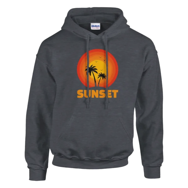 Retro Sunset Palm Tree Graphic Hoodie , Classic Unisex Pullover for a Tropical Vibe