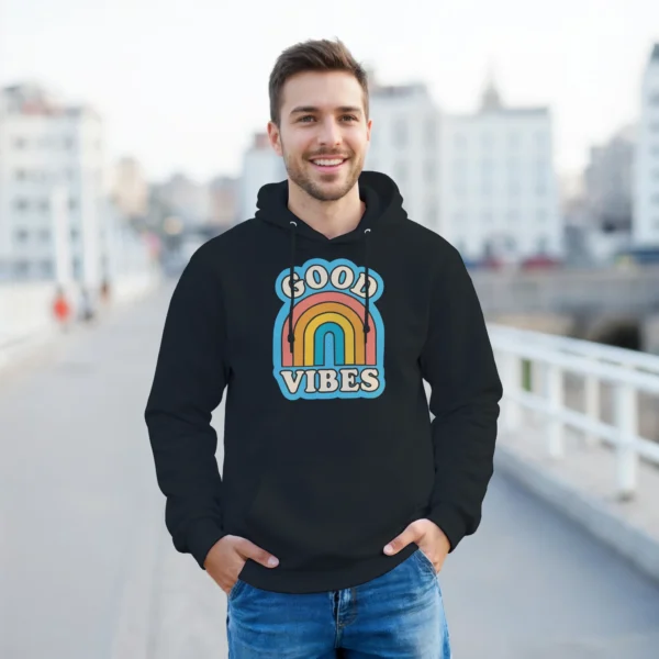 Good Vibes Retro Rainbow Pullover Hoodie , Classic Unisex Comfort