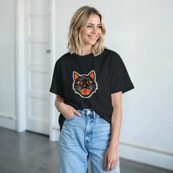 Retro Spooky Black Cat Tee , Vintage Halloween Style Heavyweight Unisex Crewneck T-shirt in Your Choice of Haunting Hues