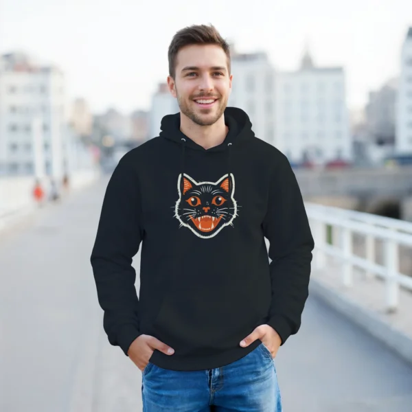 Vintage Halloween Black Cat Hoodie , Spooky Retro Vibe Pullover , Gildan 18500 in Dark Heather or Black