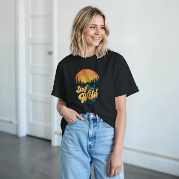 Stay Wild Sunset Wilderness T-Shirt , Adventure-Inspired Crewneck Tee in Your Choice of Colors