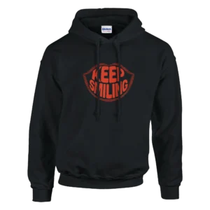 Retro Lips "Keep Smiling" Hoodie , Positive Vibe Pullover in Dark Heather and Black