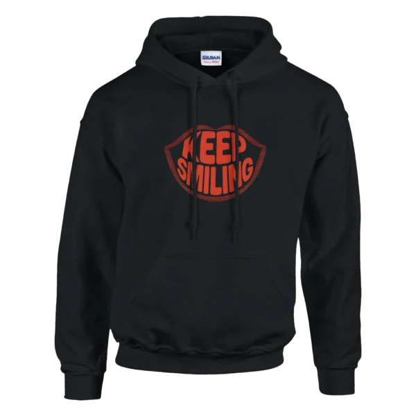 Retro Lips "Keep Smiling" Hoodie , Positive Vibe Pullover in Dark Heather and Black