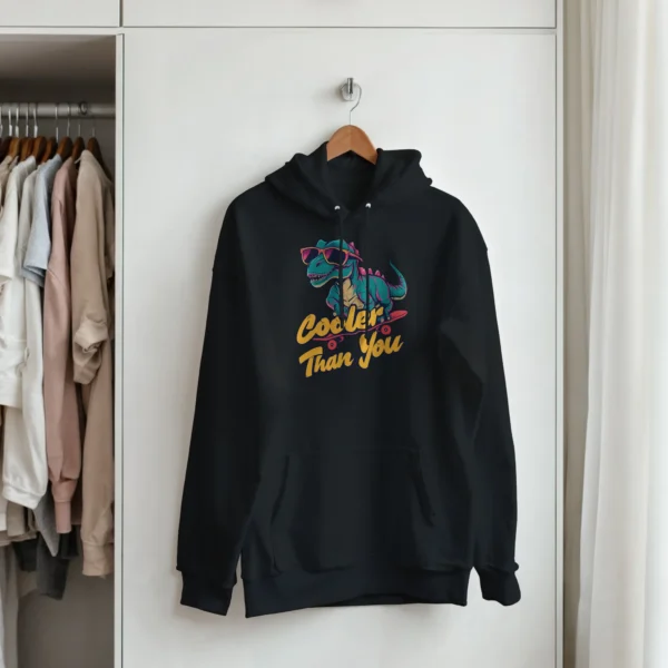 Retro Skater Dinosaur "Cooler Than You" Hoodie , Bold and Stylish Unisex Pullover for Dino Lovers