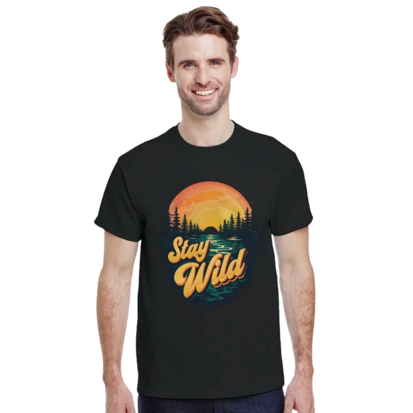 Stay Wild Sunset Wilderness T-Shirt , Adventure-Inspired Crewneck Tee in Your Choice of Colors