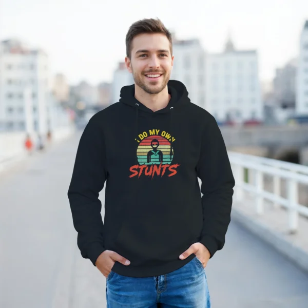 I Do My Own Stunts Funny Hoodie , Retro Sunset Vibes , Classic Unisex Pullover Gildan 18500
