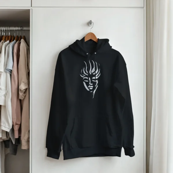 Abstract Spirit Face Pullover Hoodie , Artistic Expression, Unisex Comfort in Dark Heather and Black
