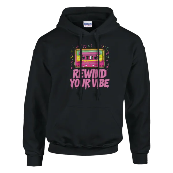 Rewind Your Vibe Neon Cassette Hoodie , Classic Unisex Pullover Hoodie , Gildan 18500 in Your Choice of Color and Size