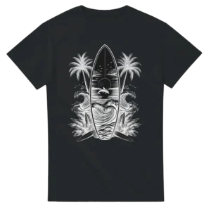 Oceanic Serenity: Surfboard and Dolphin Monochrome Unisex T-shirt , Heavyweight Gildan 5000