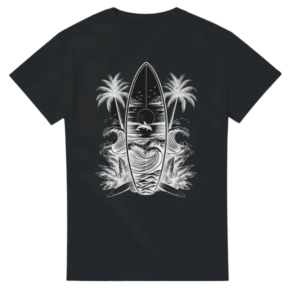 Oceanic Serenity: Surfboard and Dolphin Monochrome Unisex T-shirt , Heavyweight Gildan 5000
