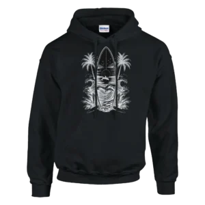 Oceanic Sunset Surf Vibes Hoodie , Black and White Coastal Art Unisex Pullover