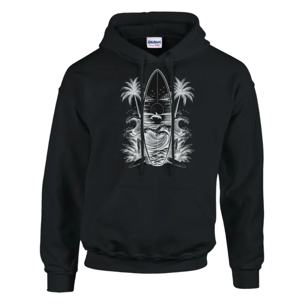 Oceanic Sunset Surf Vibes Hoodie , Black and White Coastal Art Unisex Pullover