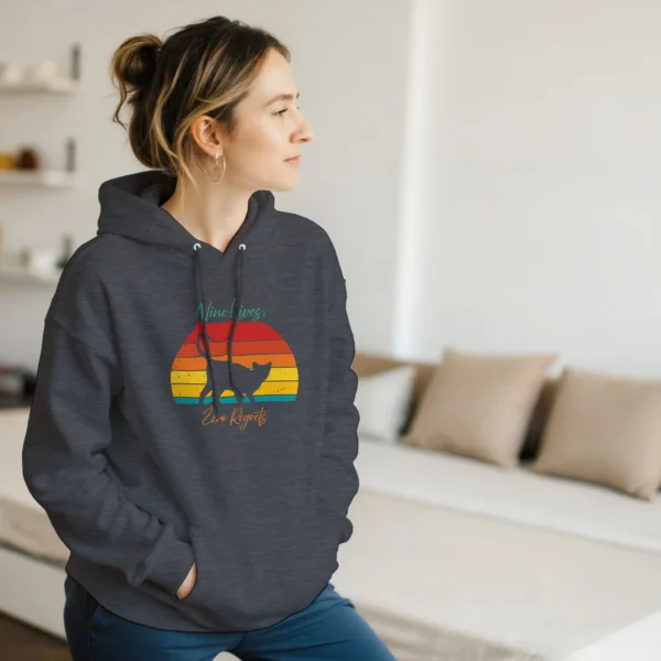Nine Lives, Zero Regrets Cat Hoodie , Retro Sunset Feline Pullover , Classic Unisex Gildan 18500