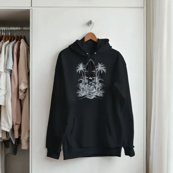 Oceanic Sunset Surf Vibes Hoodie , Black and White Coastal Art Unisex Pullover