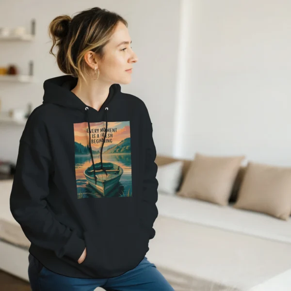 Fresh Beginning Sunset Hoodie , Classic Unisex Pullover Hoodie with Inspirational Boat and Lake Scene