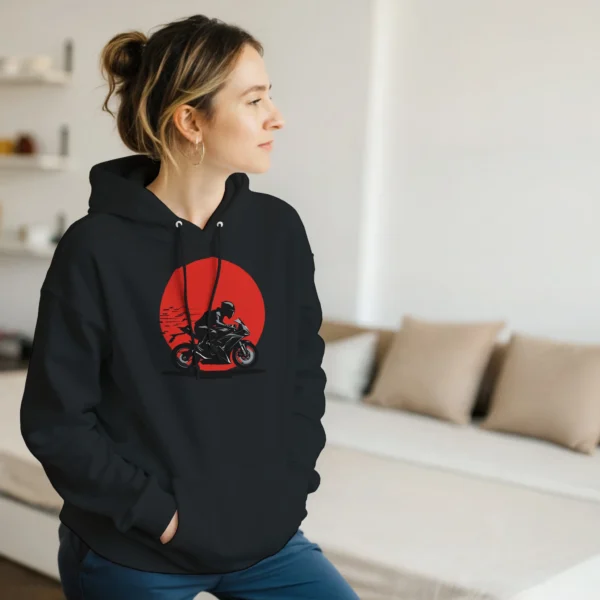 Speed Demon Motorcycle Hoodie , Dynamic Rider Silhouette Pullover in Black and Heather