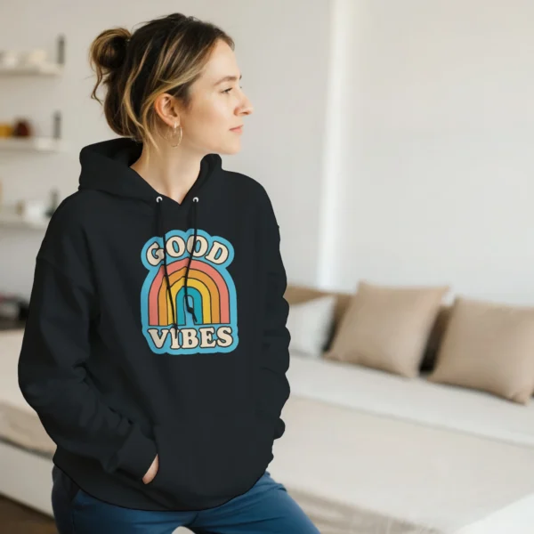 Good Vibes Retro Rainbow Pullover Hoodie , Classic Unisex Comfort