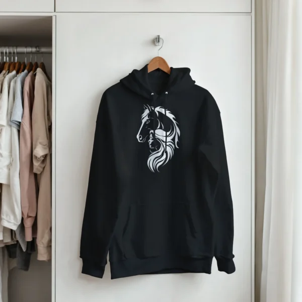 Mystical Horse and Woman Silhouette Unisex Pullover Hoodie , Glimmering Design in Dark Heather and Black