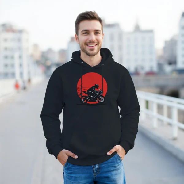 Speed Demon Motorcycle Hoodie , Dynamic Rider Silhouette Pullover in Black and Heather
