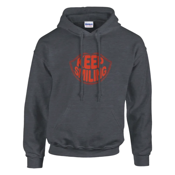 Retro Lips "Keep Smiling" Hoodie , Positive Vibe Pullover in Dark Heather and Black