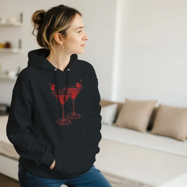 Valentine's Day Lovers Martini Cocktail Glasses Unisex Pullover Hoodie , Gildan 18500