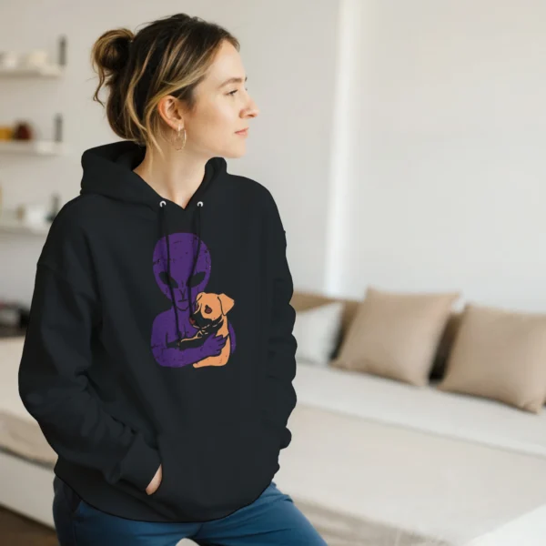 Cosmic Companion Hoodie: Alien and Best Friend Dog Print , Classic Unisex Pullover