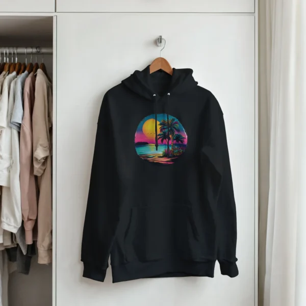 Vaporwave Sunset Palm Beach Hoodie , Retro 80s Aesthetic Unisex Pullover