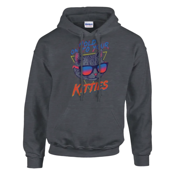 Retro 80s Cat in Sunglasses Hoodie , 'Hold On To Your Kitties' Neon Vibe Pullover , Classic Unisex Gildan 18500